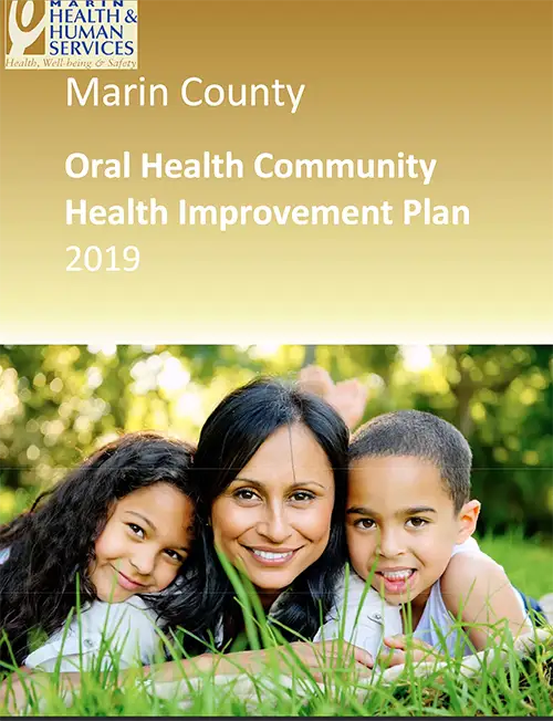 Marin County Oral Health Community Health Improvement Plan 2019 - cover image with woman and two children on grassy / park surroundings